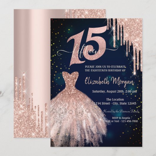 Cool Glitter Drips Jurk Navy Blue 15e verjaardag Kaart (Voorkant / Achterkant)