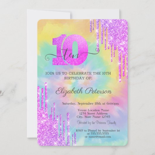 Cool Glitter Drips Tie Dye 10th Birthday Kaart (Voorkant)