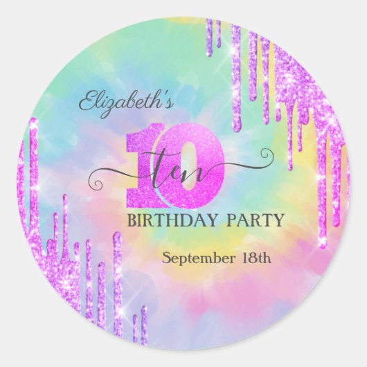 Cool Glitter Drips Tie Dye 10th Birthday Ronde Sticker (Voorkant)