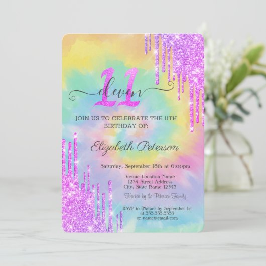 Cool Glitter Drips Tie Dye 11e verjaardag Kaart (Staand voorkant)