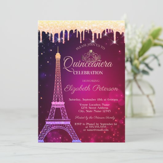 Cool Glitter Eiffel Tower Tiara bestuurt Quinceañe Kaart (Staand voorkant)