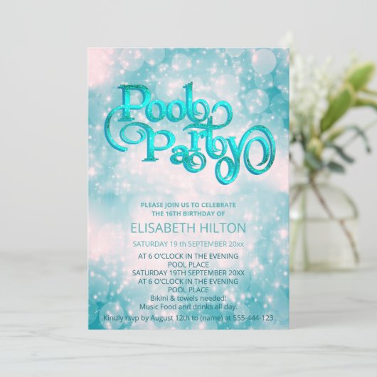 Cool glitter script pool party verjaardag kaart (Staand voorkant)