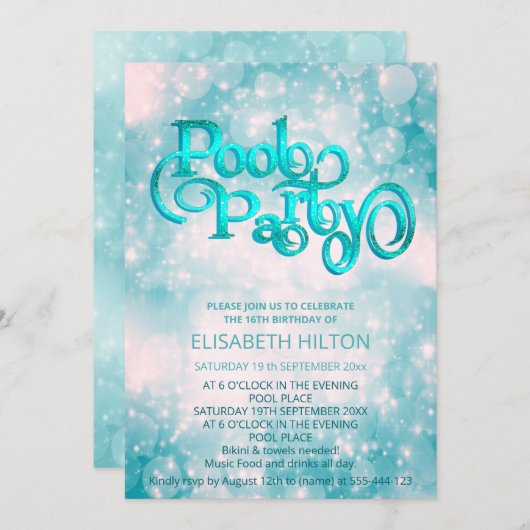Cool glitter script pool party verjaardag kaart (Voorkant / Achterkant)