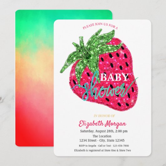 Cool Glitter Strawberry Baby shower Invitation Kaart (Voorkant / Achterkant)
