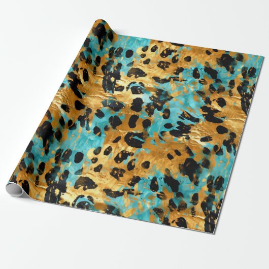 Cool Gold Aqua Leopard Cadeaupapier (Uitgerold)