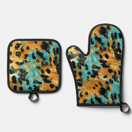 Cool Gold Aqua Leopard Ovenwant & Pannenlap Set