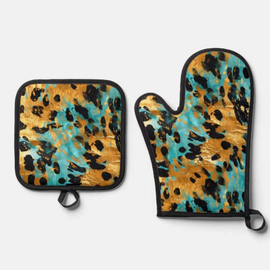 Cool Gold Aqua Leopard Ovenwant & Pannenlap Set (Voorkant)