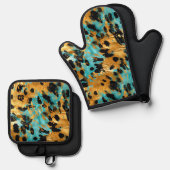 Cool Gold Aqua Leopard Ovenwant & Pannenlap Set (Voorkant / Achterkant)