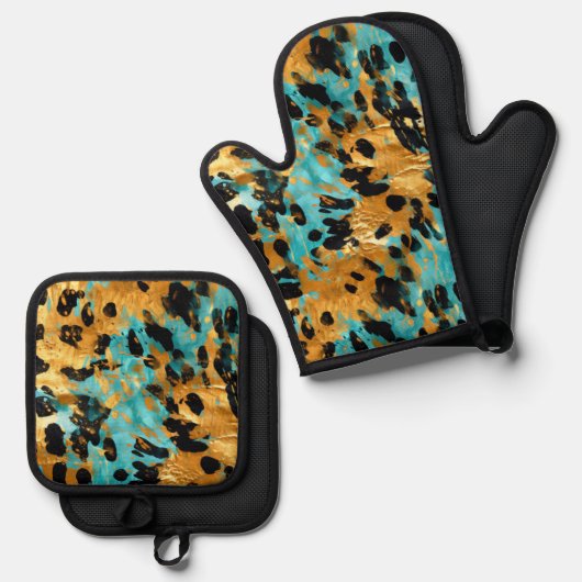 Cool Gold Aqua Leopard Ovenwant & Pannenlap Set (Voorkant / Achterkant)