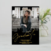 Cool Gold Black afstuderen script foto afstuderen Folie Uitnodiging (Staand Voorkant)
