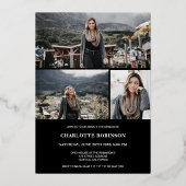 Cool Gold Black afstuderen script foto afstuderen Folie Uitnodiging (Achterkant)