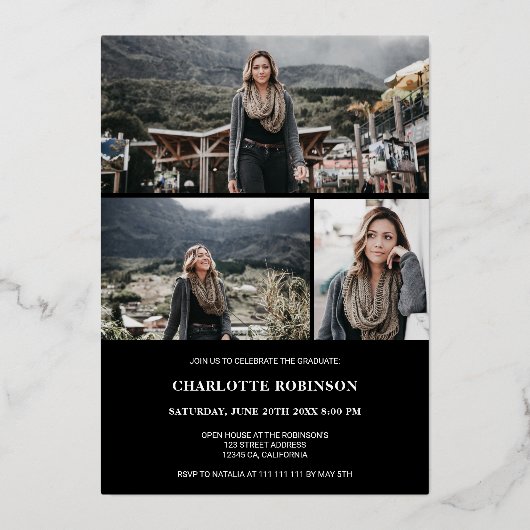 Cool Gold Black afstuderen script foto afstuderen Folie Uitnodiging (Achterkant)