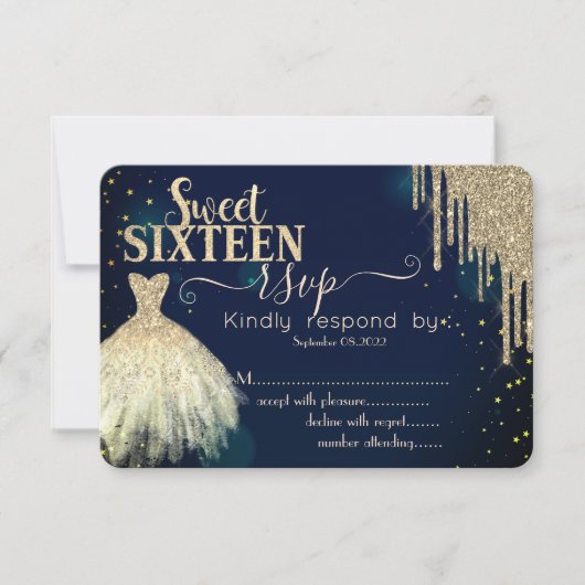 Cool Gold Glitter Drips, Dress Navy Blue Sweet 16 Kaart (Voorkant)