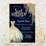 Cool Gold Glitter Drips, Dress Navy Blue Sweet 16 Kaart<br><div class="desc">Elegant goudjurk en goudglitter druppelen op een blauw marineklein.</div>