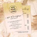 Cool gold glitter prices logo roze We zijn open Flyer<br><div class="desc">Vertel uw klant over uw nieuwe heropening met nieuwe veiligheidsmaatregelen...  met dit geelgele glitter ombre op bewerkbare pastelroze,  voeg uw logo toe en voeg uw prijslijsten en services aan de achterkant toe</div>