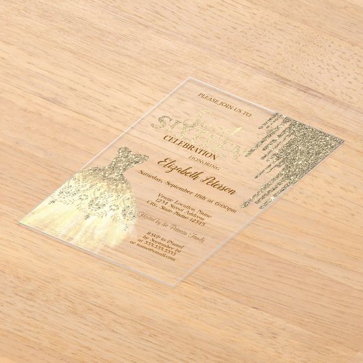 Cool Gold Glitter-schijven, Dress Green Sweet 16 Acryl Uitnodigingen (Laagn)