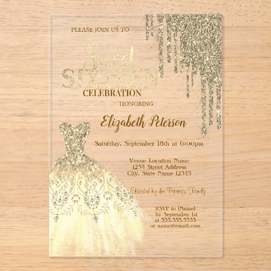 Cool Gold Glitter-schijven, Dress Green Sweet 16 Acryl Uitnodigingen (Voorkant)