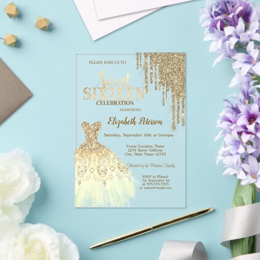 Cool Gold Glitter-schijven, Dress Green Sweet 16 Acryl Uitnodigingen (Insitu (Huwelijk))