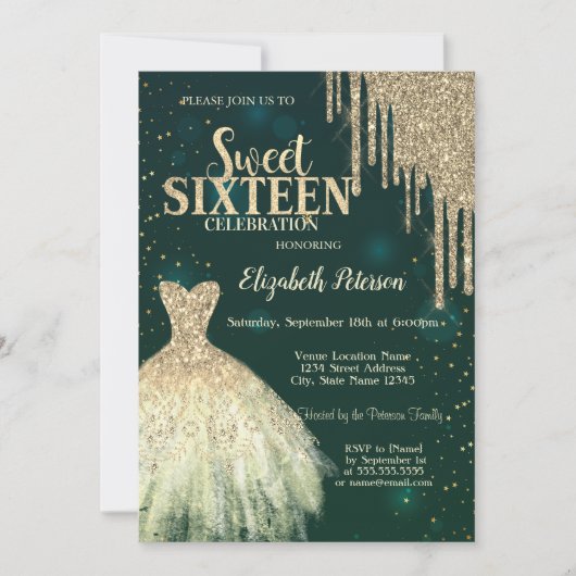 Cool Gold Glitter-schijven, Dress Green Sweet 16 Kaart (Voorkant)