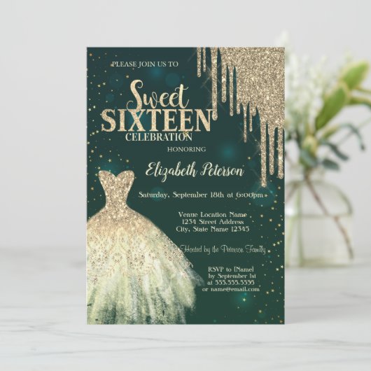 Cool Gold Glitter-schijven, Dress Green Sweet 16 Kaart (Staand voorkant)
