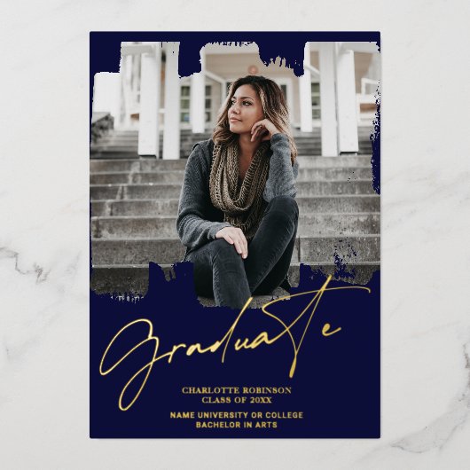 Cool gold navy afstuderen script foto afstuderen folie uitnodiging (Voorkant)