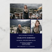 Cool gold navy afstuderen script foto afstuderen folie uitnodiging (Achterkant)