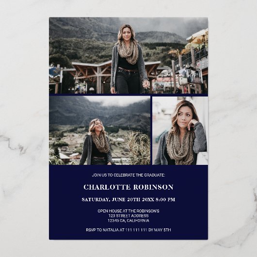 Cool gold navy afstuderen script foto afstuderen folie uitnodiging (Achterkant)