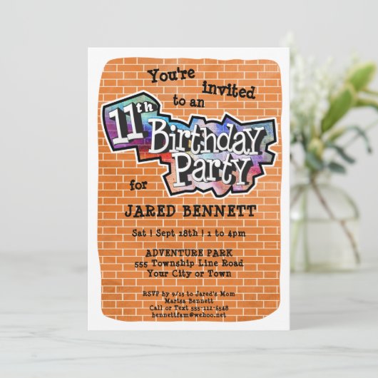 Cool Graffiti Art 11e verjaardagsfeest uitnodiging (Staand voorkant)