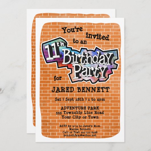 Cool Graffiti Art 11e verjaardagsfeest uitnodiging (Voorkant / Achterkant)