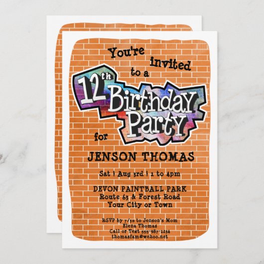 Cool Graffiti Art 12e verjaardagsfeest uitnodiging (Voorkant / Achterkant)
