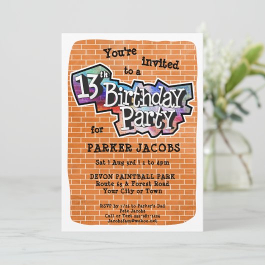 Cool Graffiti Art 13e verjaardagsfeest uitnodiging (Staand voorkant)