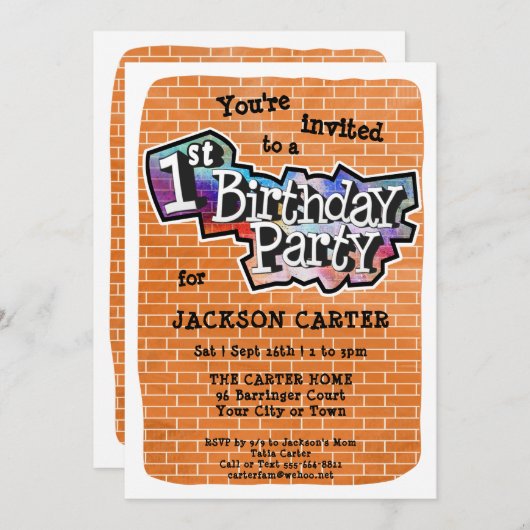 Cool Graffiti Art 1e verjaardagsfeest uitnodiging (Voorkant / Achterkant)