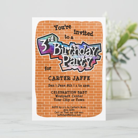 Cool Graffiti Art 3e verjaardagsfeest uitnodiging (Staand voorkant)