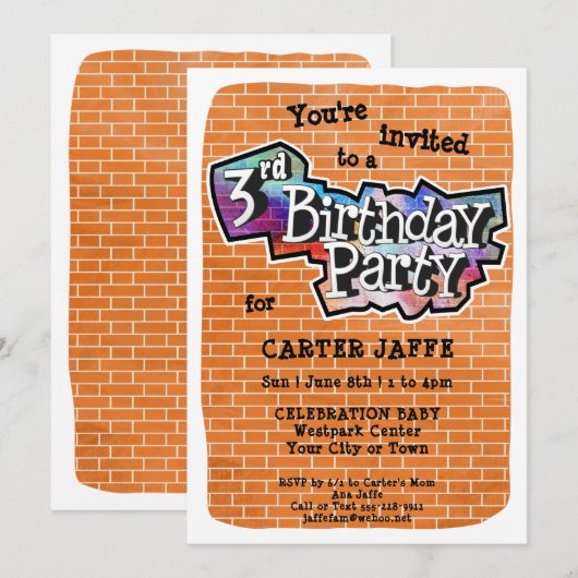 Cool Graffiti Art 3e verjaardagsfeest uitnodiging (Voorkant / Achterkant)