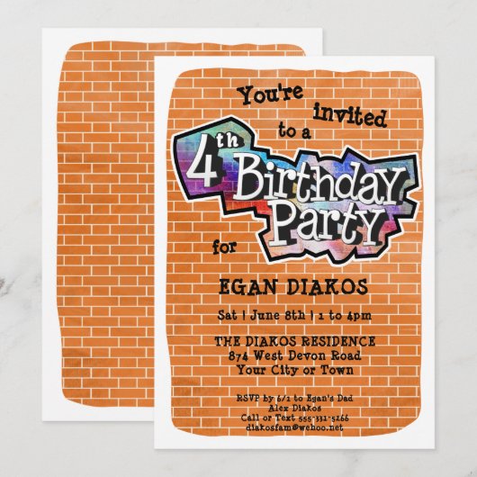 Cool Graffiti Art 4e verjaardagsfeest uitnodiging (Voorkant / Achterkant)