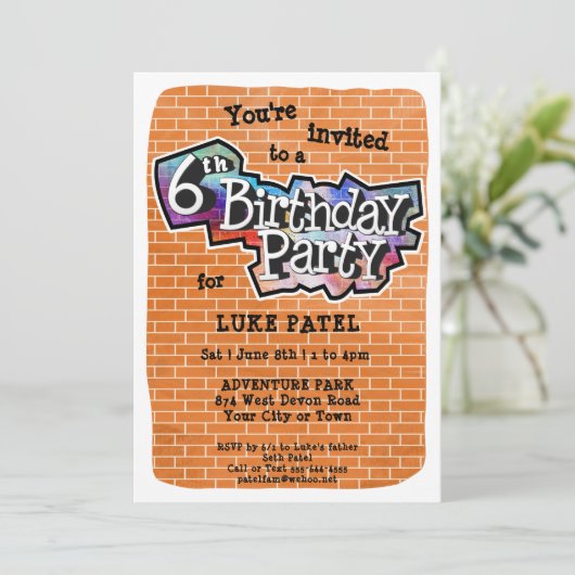 Cool Graffiti Art 6e verjaardagsfeest uitnodiging (Staand voorkant)