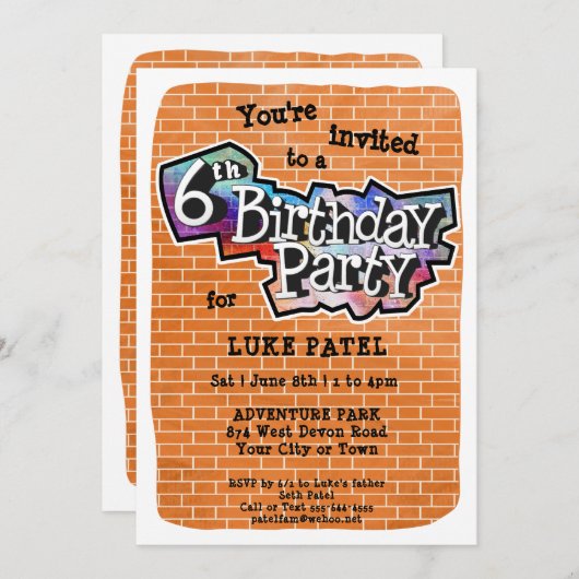 Cool Graffiti Art 6e verjaardagsfeest uitnodiging (Voorkant / Achterkant)
