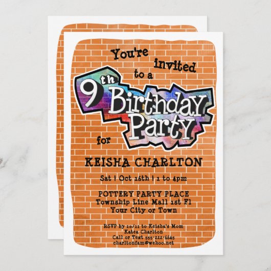 Cool Graffiti Art 9e verjaardagsfeest uitnodiging (Voorkant / Achterkant)