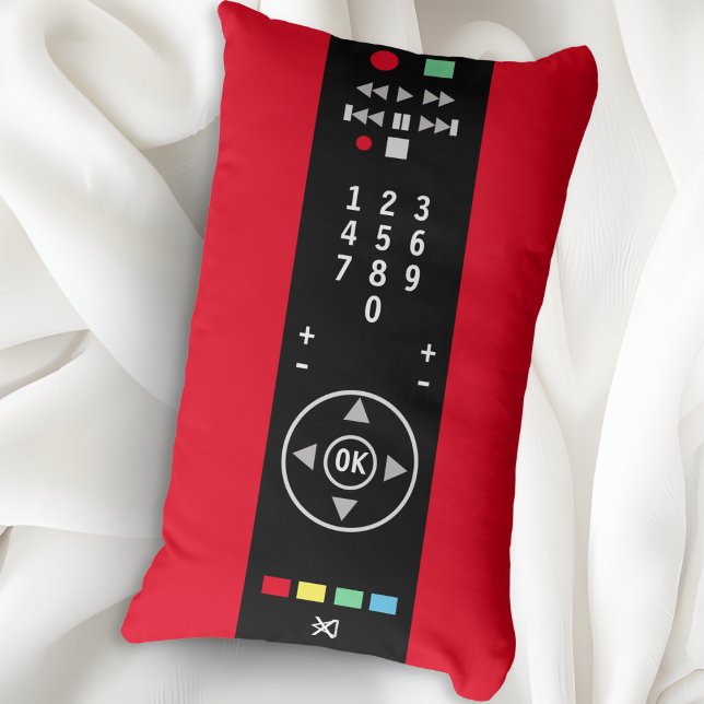 Cool Grappig Nieuwigheid Rood en Zwart TV Afstands Kussen (A funny novelty lumbar pillow in red and black, with remote control design, ideal for tech lovers)