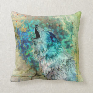 Cool Gray en Turquoise Howling Wolf Art Kussen