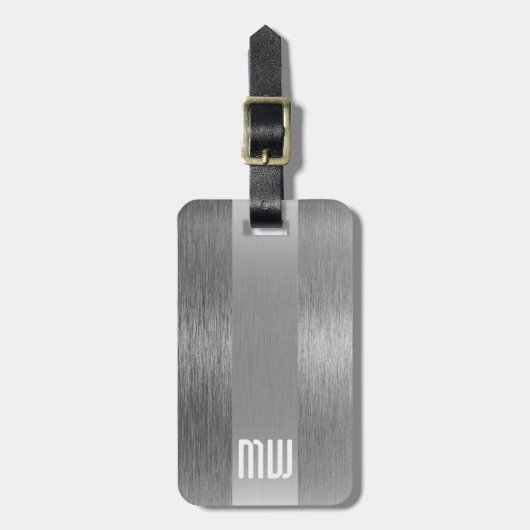 Cool Gray Faux Metal Stripe Bold Monogram Bagagelabel (Voorkant verticaal)