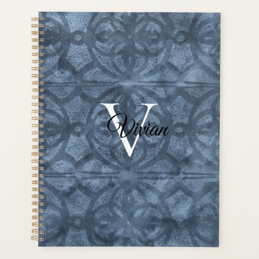 Cool Grey Batik Elegant Monogram Naam Planner (Voorkant)