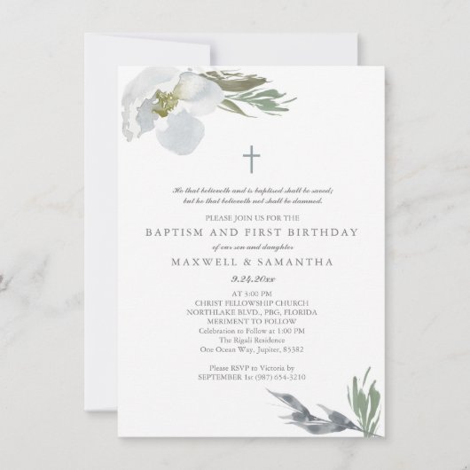 Cool Grey Waterverf Florals Twins Doop Kaart (Voorkant)