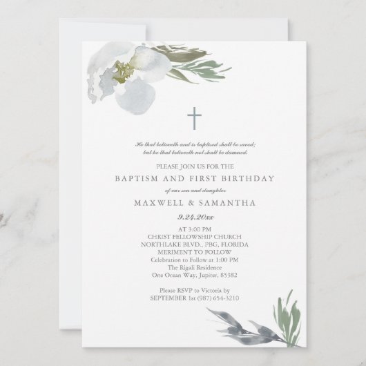 Cool Grey Waterverf Florals Twins Doop Kaart (Voorkant)