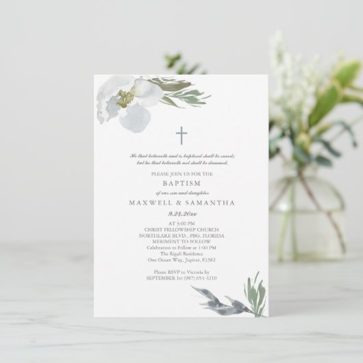 Cool Grey Waterverf Florals Twins Doop Kaart (Staand voorkant)