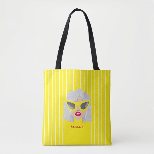 Cool grijs haar vrouw met bril aangepaste naam tote bag (Voorkant)