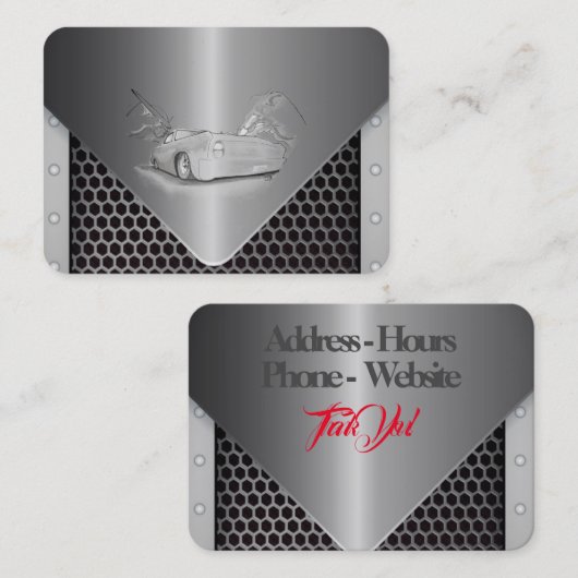cool grijs metaal blik met tekening van een auto visitekaartje (Voorkant / Achterkant)