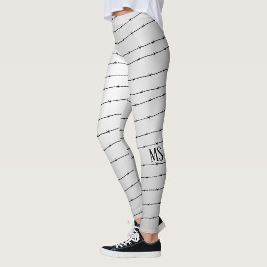 Cool grijs wit zwart gestreepte draadpatroon Monog Leggings (Links)
