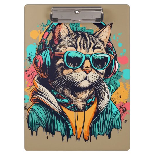 Cool Groovy Cat met hoofdtelefoon Luisteren naar m Klembord (Voorkant)