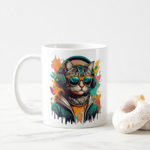 Cool Groovy Cat met hoofdtelefoon Luisteren naar m Koffiemok